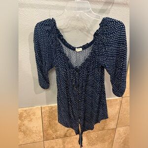 Mason Belle Tie Front Navy & White Polka Dot Top Size Small